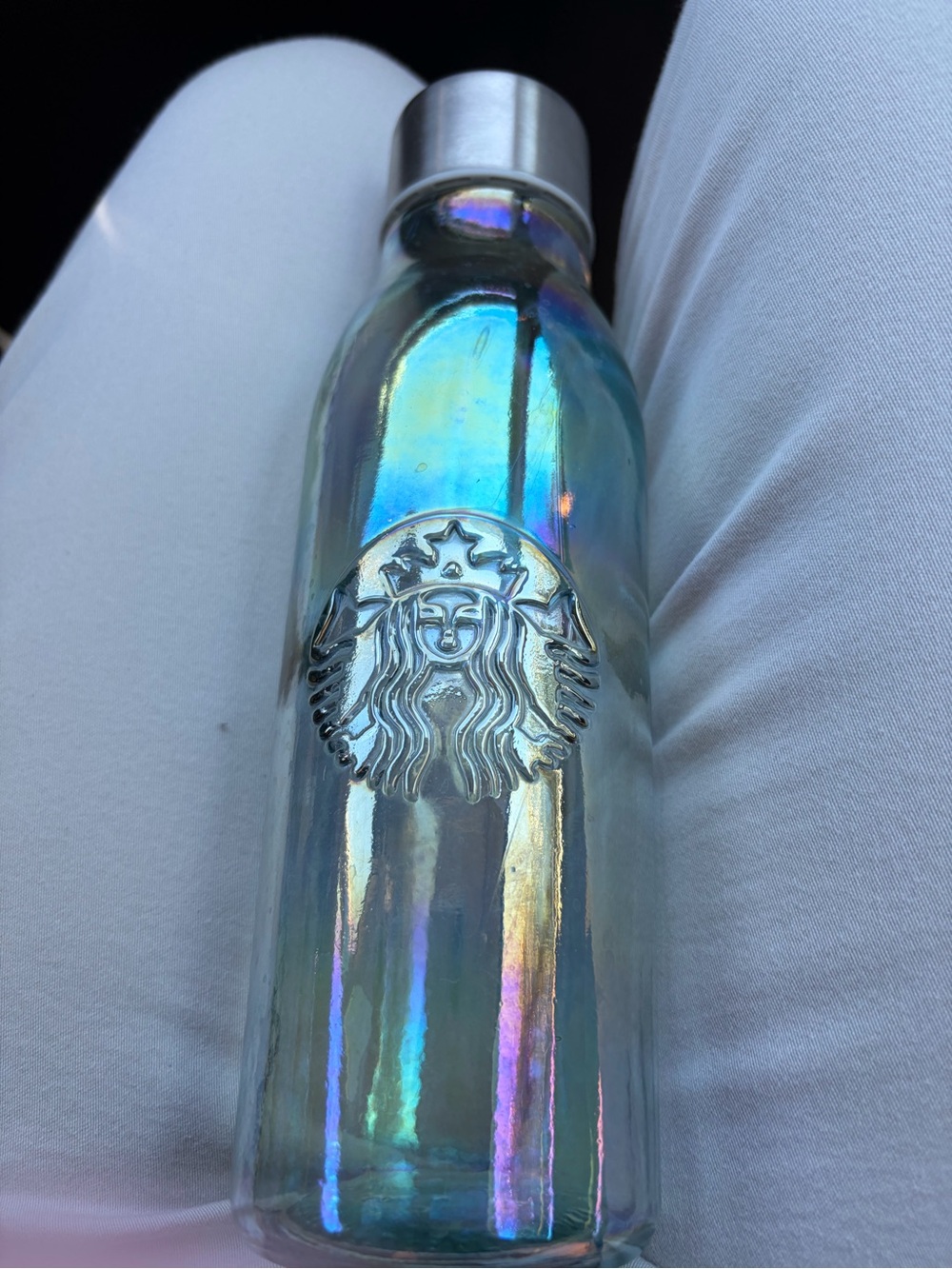 Iridescent Reusable Glass Water Bottle with Metallic Cap - Multicolor